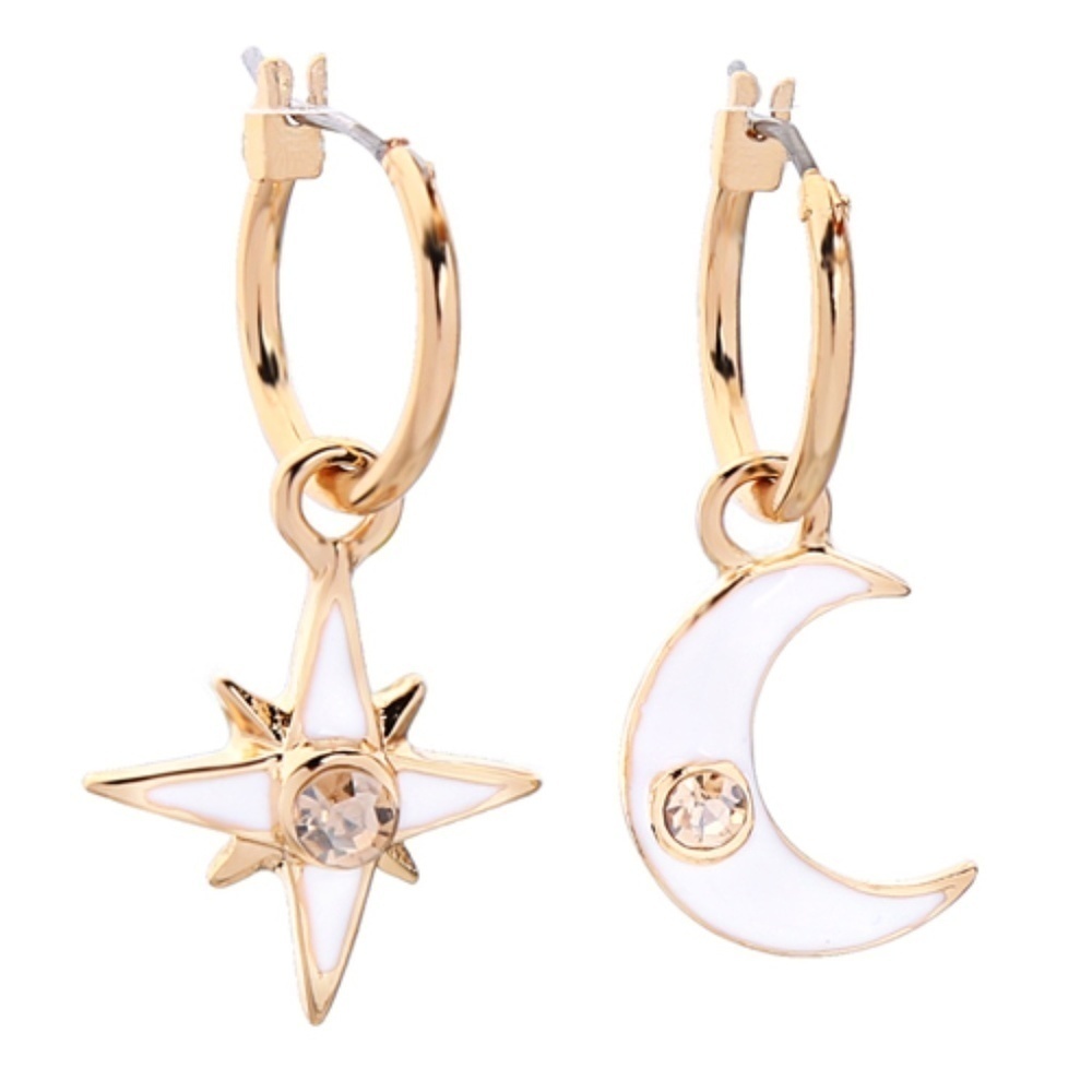 Goldtone White Star and Moon 2 in 1 Hoop Earrings